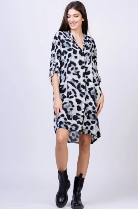 Rochie camasa din vascoza, midi, cu imprimeu animal print gri-negru