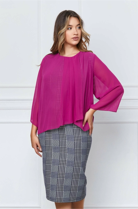 Rochie Carolina cu voal fucsia si carouri bleumarin