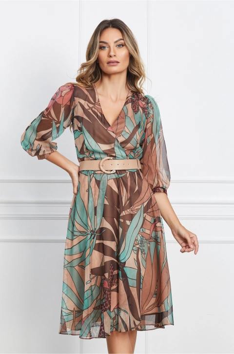 Rochie Christina bej cu imprimeu verde mint si curea in talie