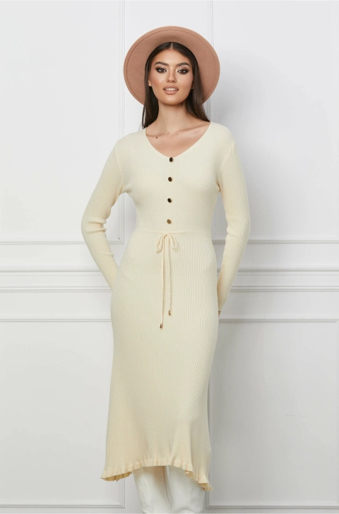 Rochie Christina ivory din tricot cu snur reglabil in talie