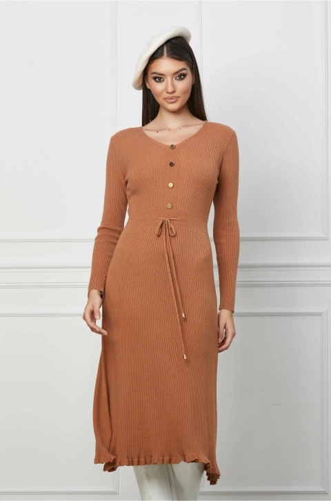Rochie Christina maro din tricot cu snur reglabil in talie