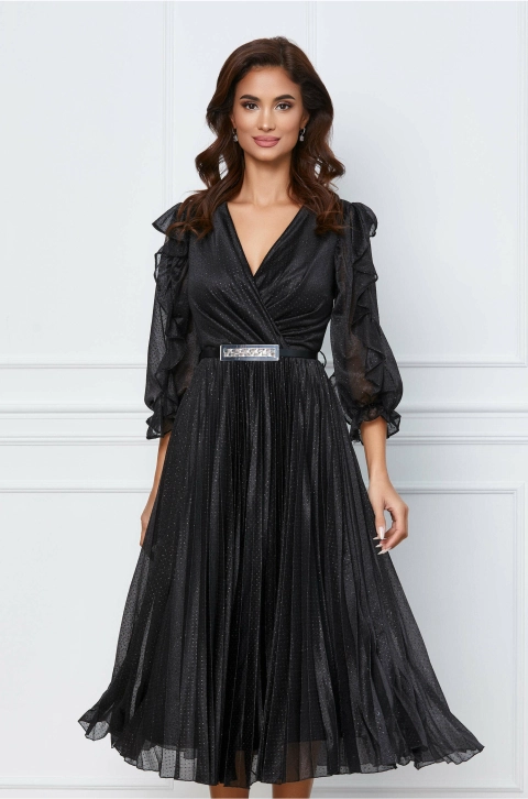 Rochie Corina neagra plisata cu volanase la maneci si glitter