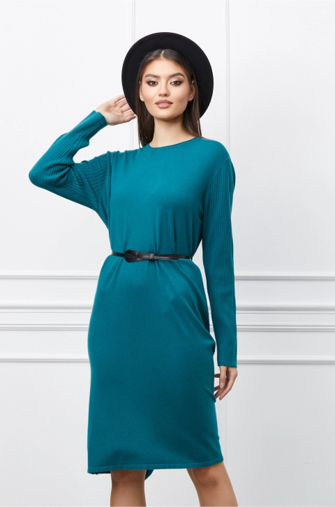Rochie Corina verde petrol din tricot cu striatii pe maneci si curea in talie