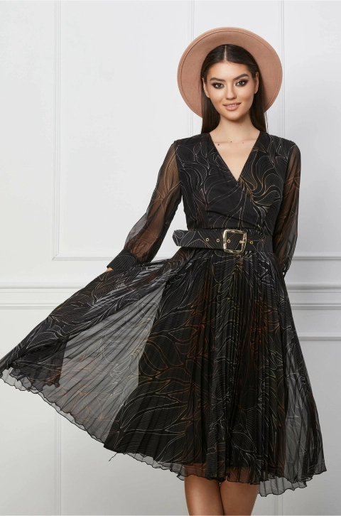 Rochie Crina neagra cu imprimeuri maro si curea in talie
