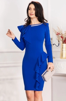 Rochie dama Mariel albastru royal cu volane si banda din strassuri