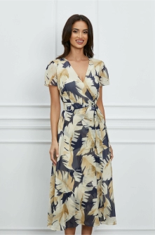 Rochie Dana bleumarin cu imprimeuri galbene si cordon in talie