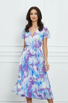 Rochie Dana mov cu imprimeuri bleu si cordon in talie