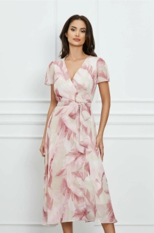 Rochie Dana roz cu imprimeuri bej si cordon in talie