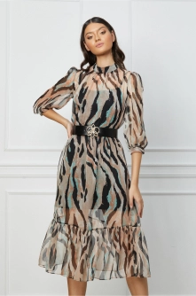 Rochie Daniela bej cu zebra print verde mint si curea in talie