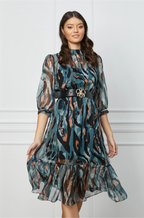 Rochie Daniela turcoaz cu zebra print caramiziu si curea in talie