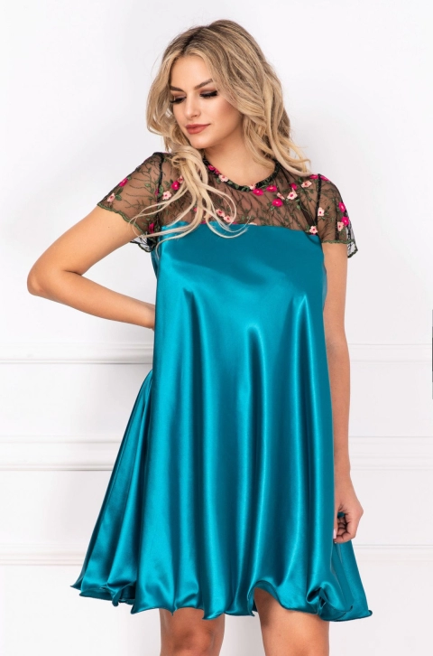 Rochie de cununie Erin turquoise din satin cu broderie By InPuff