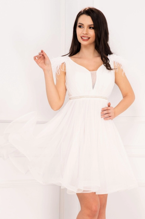 Rochie de cununie Fiona eleganta alba cu perle in talie si accesoriu tip fulgi