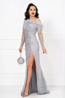 Rochie de lux argintie Nicolle din plasa paiete si fulgi decorativi