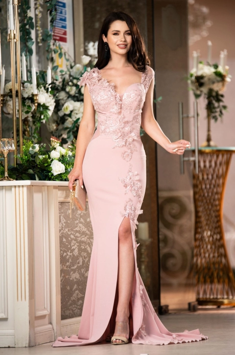 Rochie de lux Artemis sirena roz cu paiete discrete si crapatura pe picior