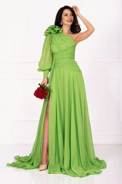 Rochie de lux Chic Diva fistic lunga cu fronseuri si floare 3D