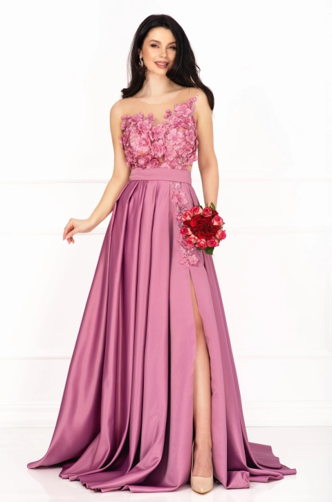 Rochie de lux rose tip printesa din tafta cu flori 3D si broderie