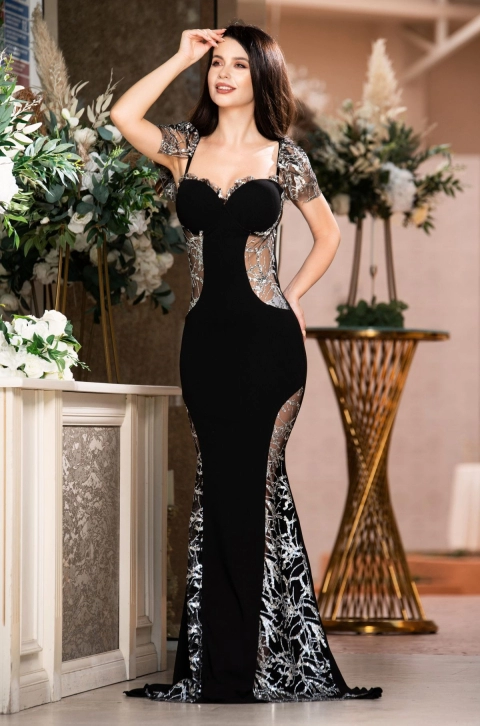 Rochie de lux Serena de seara neagra cu paiete argintii si sclipici