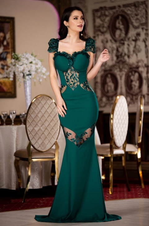 Rochie de lux sirena Isadora verde cu dantela pretioasa si paiete discrete