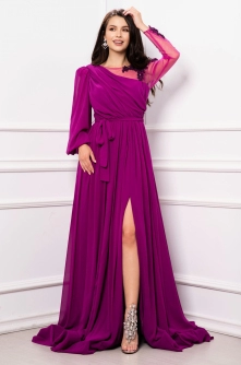Rochie de nasa Elisabet magenta din voal cu pliseuri si maneci pretioase