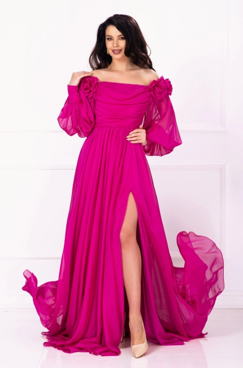 Rochie de nasa Mireya fucsia lunga cu fronseuri si flori 3D