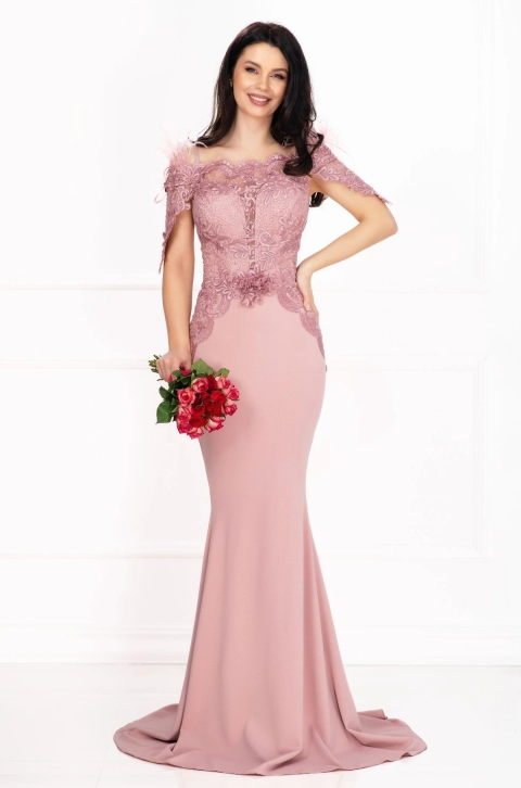 Rochie de nasa Pandora tip sirena rose cu broderie pretioasa si fulgi