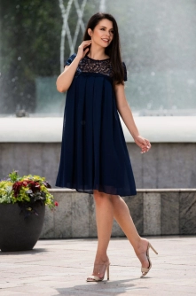 Rochie de ocazie bleumarin din voal lejera cu dantela