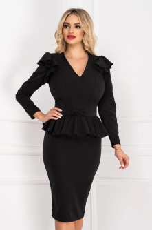 Rochie de ocazie eleganta conica neagra cu peplum si funda in talie