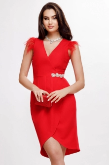 Rochie de ocazie eleganta Fofy rosie petrecuta cu fulgi la umeri