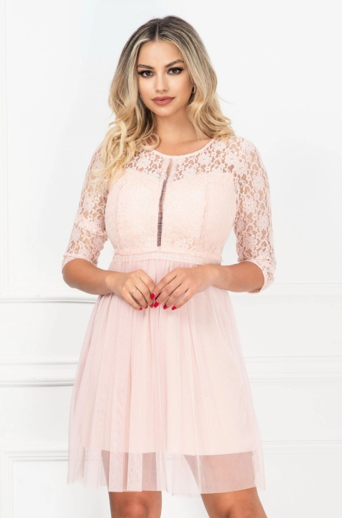 Rochie de ocazie in clos mini din dantela si tul roz