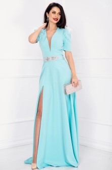 Rochie de ocazie lunga Alissa aqua cu crapatura pe picior si fulgi la umeri