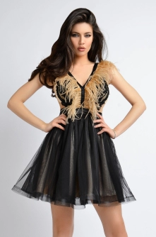 Rochie de ocazie neagra Atmosphere baby doll cu pene la bust