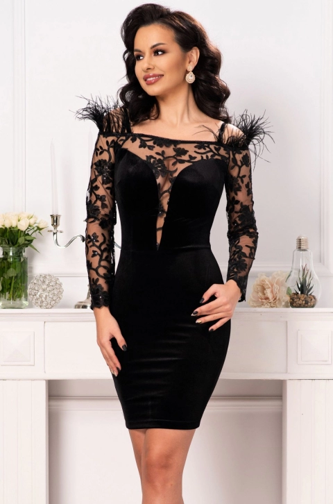 Rochie de ocazie neagra Jacqueline cu maneci lungi brodate