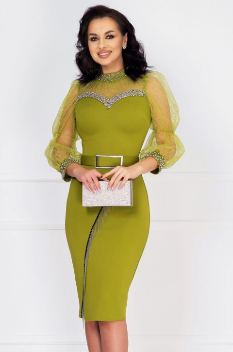 Rochie de ocazie Poesia fistic cu maneci din organza si perle argintii