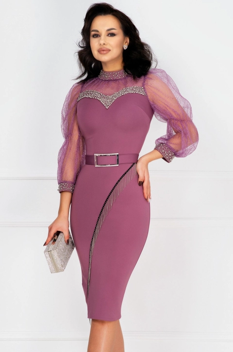 Rochie de ocazie Poesia lila cu maneci din organza si perle argintii