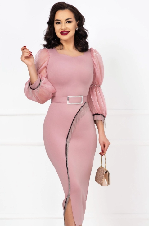 Rochie de ocazie rose cu franjuri argintii si maneci din organza