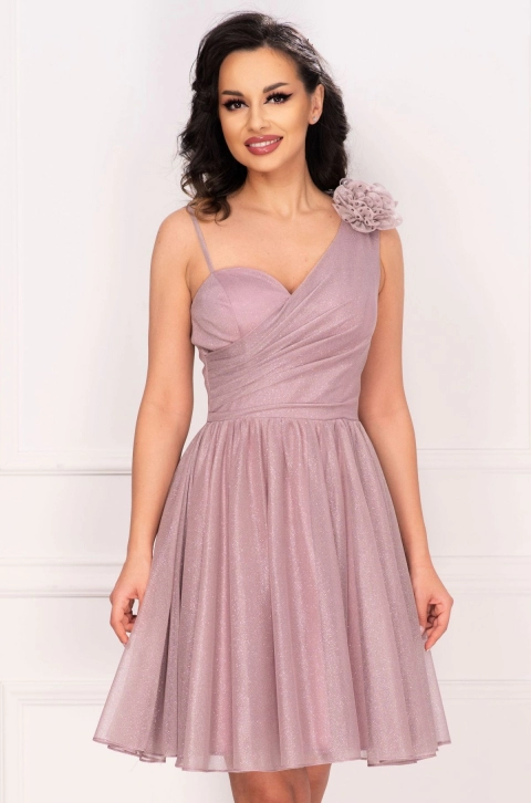 Rochie de ocazie scurta rose eleganta din lurex cu floare 3D