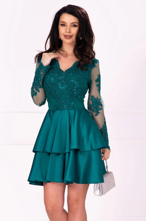 Rochie de ocazie verde baby-doll eleganta cu dantela si volane