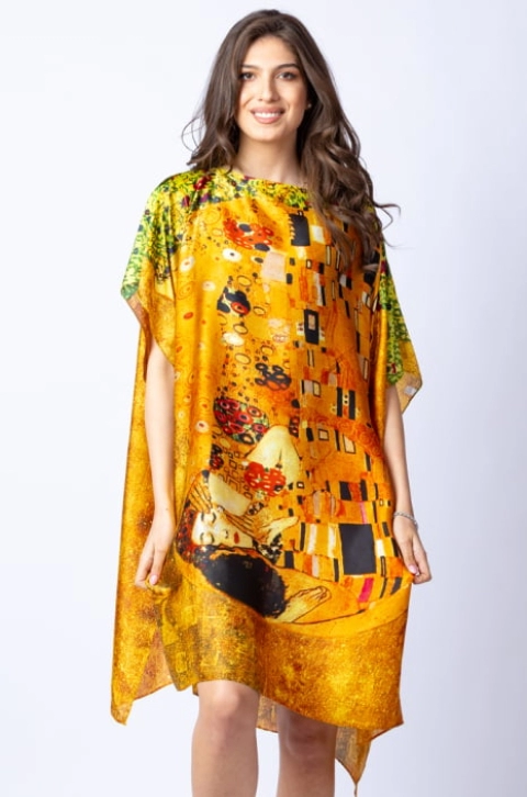 Rochie de plaja tip poncho din matase cu stilizare Sarutul pe fond galben