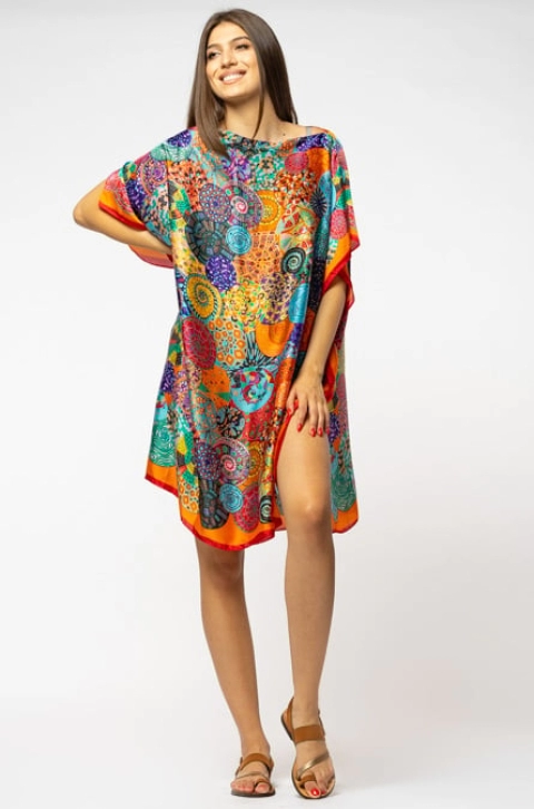Rochie de plaja tip poncho din matase imprimat cu mandale multicolore