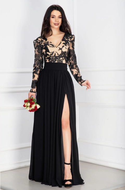 Rochie de seara eleganta Georgia neagra cu broderie deosebita