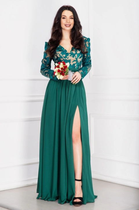 Rochie de seara eleganta Georgia verde cu broderie deosebita
