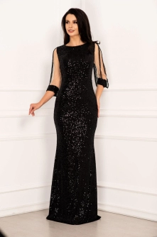 Rochie de seara eleganta neagra din paiete tip sirena cu margele pe maneci