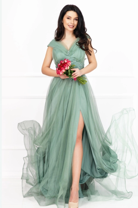 Rochie de seara Evelyn lunga mint eleganta din tulle cu strassuri