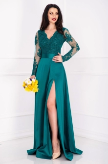 Rochie de seara Joana din tafta verde lunga cu bust din dantela