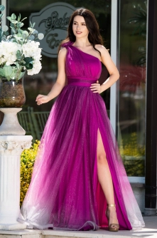 Rochie de seara Kendra purpurie in degrade eleganta din tulle cu floare 3D