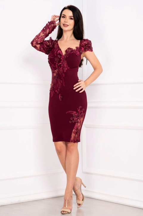 Rochie de seara Lydia bordo cambrata cu flori 3D