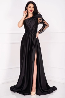 Rochie de seara neagra Carolyn din satin cu fronseuri si maneca brodata