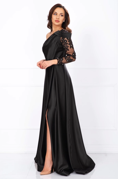 Rochie de seara neagra Lavinia din tafta cu fronseuri si maneca brodata