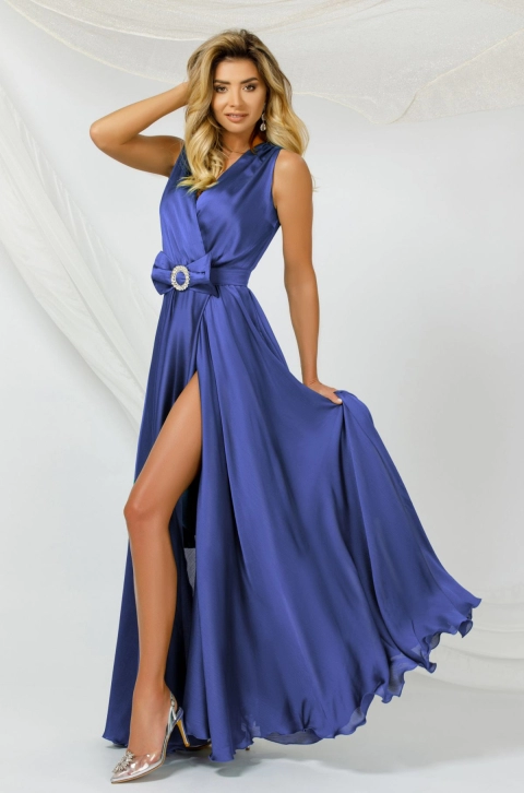 Rochie de seara satinata Pretty Girl albastra eleganta cu funda pretioasa