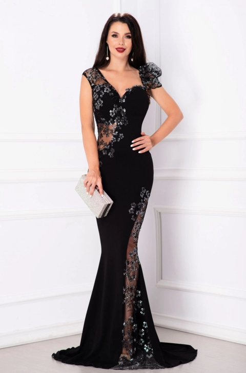 Rochie de seara tip sirena Sherrel neagra cu flori din paiete argintii